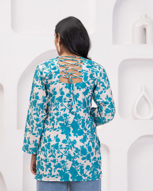 Blue Floral Long Sleeve Short Kurti with Back Dori