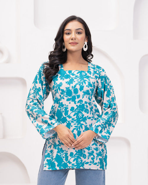Blue Floral Long Sleeve Short Kurti with Back Dori