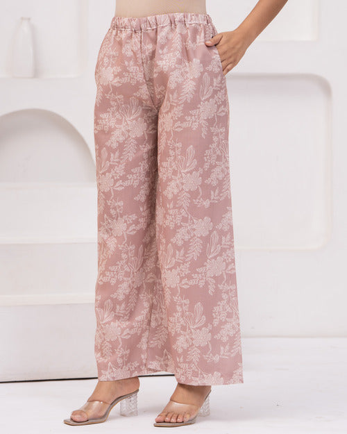 Pink Floral Long Sleeve Kurti with Palazzo Set