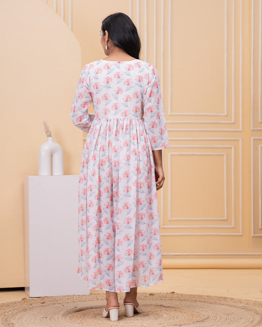 Women's White Floral Print Maxi Dress with Full Sleeves
