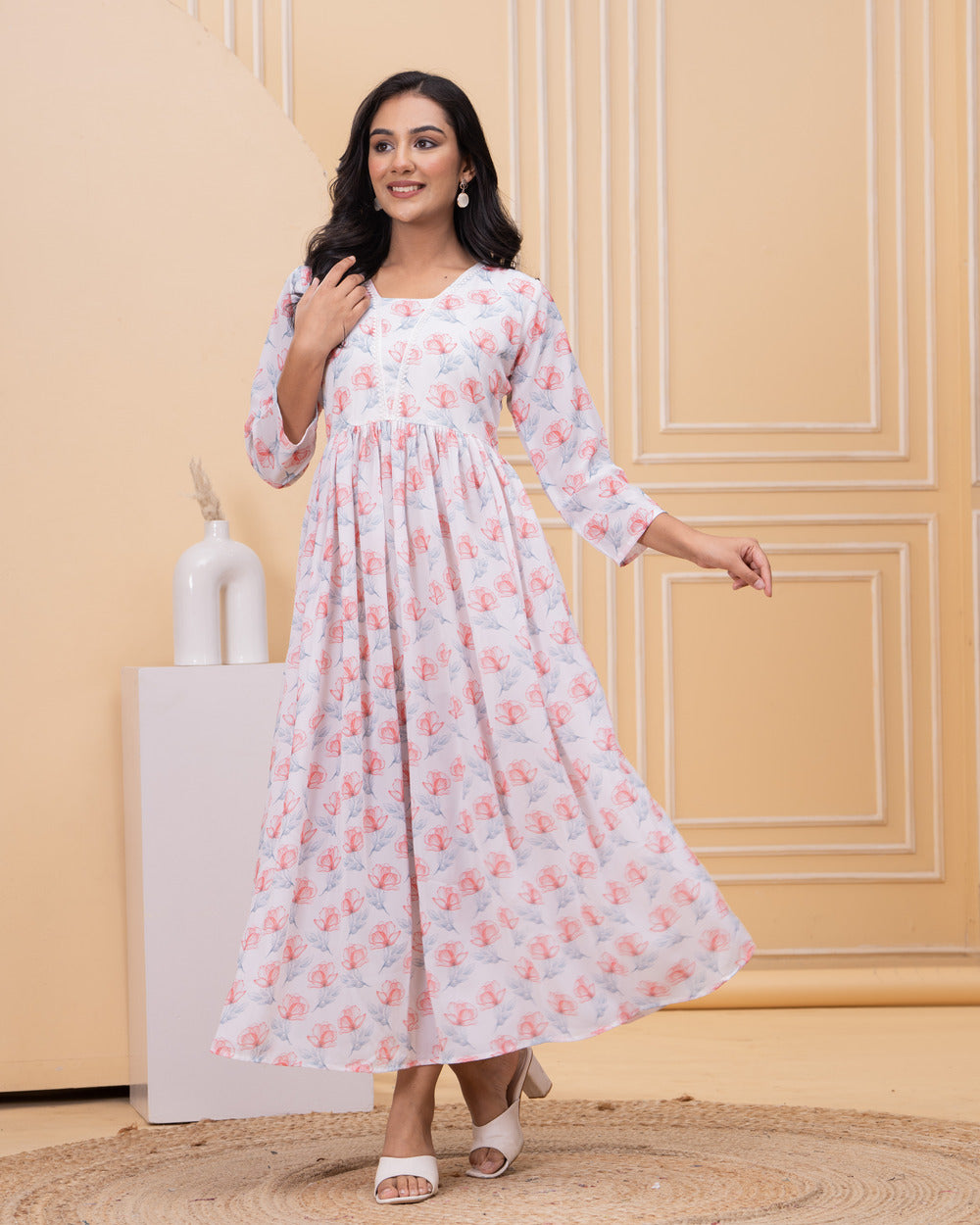 Women's White Floral Print Maxi Dress with Full Sleeves