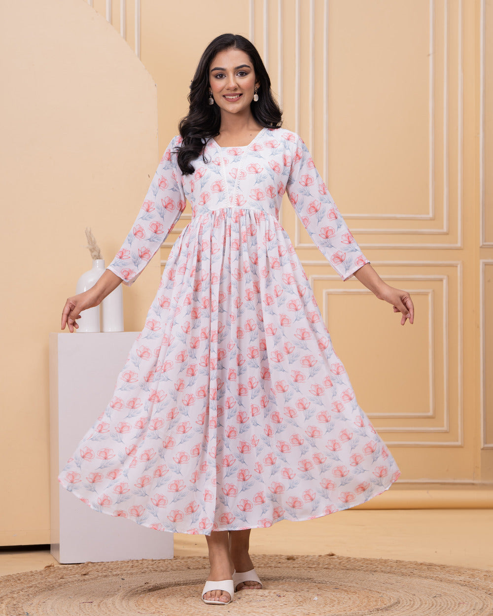 Women's White Floral Print Maxi Dress with Full Sleeves
