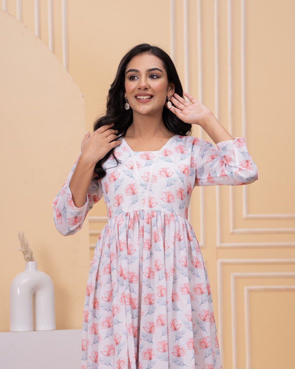 Women's White Floral Print Maxi Dress with Full Sleeves