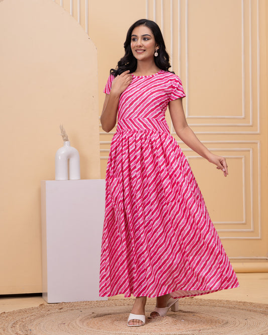 Women's Pink and White Diagonal Stripe Cotton Maxi Dress