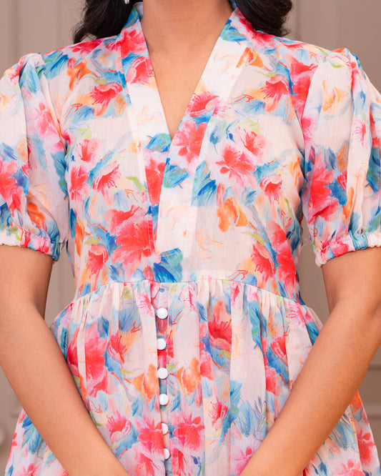 Elegant Multicolor Floral Printed Long Dress for Women – Puff Sleeve Maxi Dress