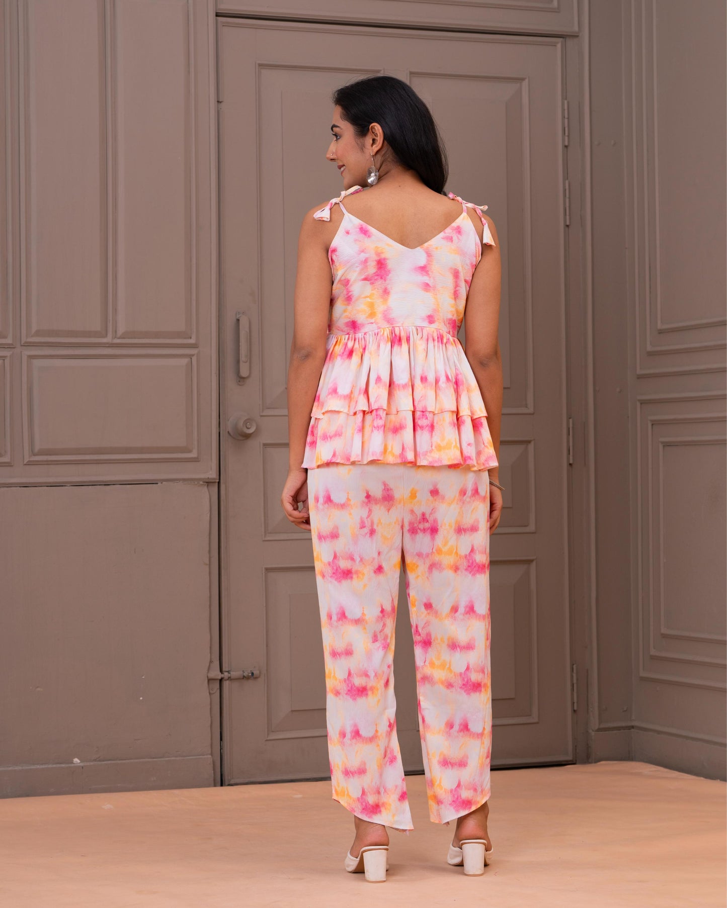 Tiered Peplum Coord Set in Soft Watercolor Print
