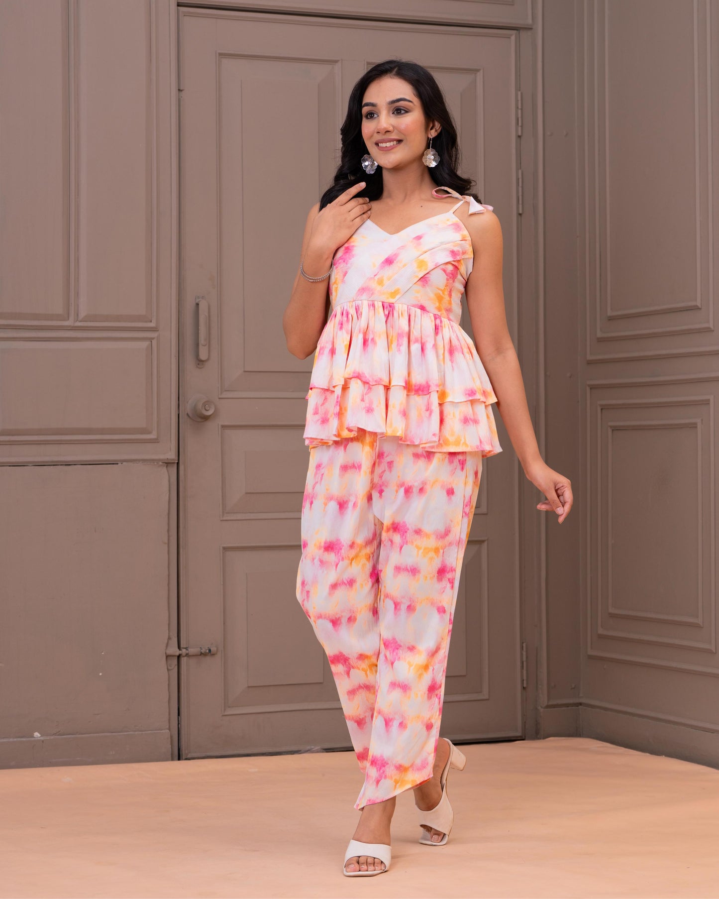 Tiered Peplum Coord Set in Soft Watercolor Print