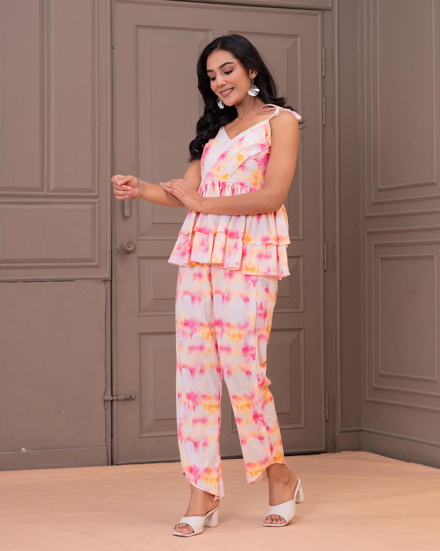 Tiered Peplum Coord Set in Soft Watercolor Print