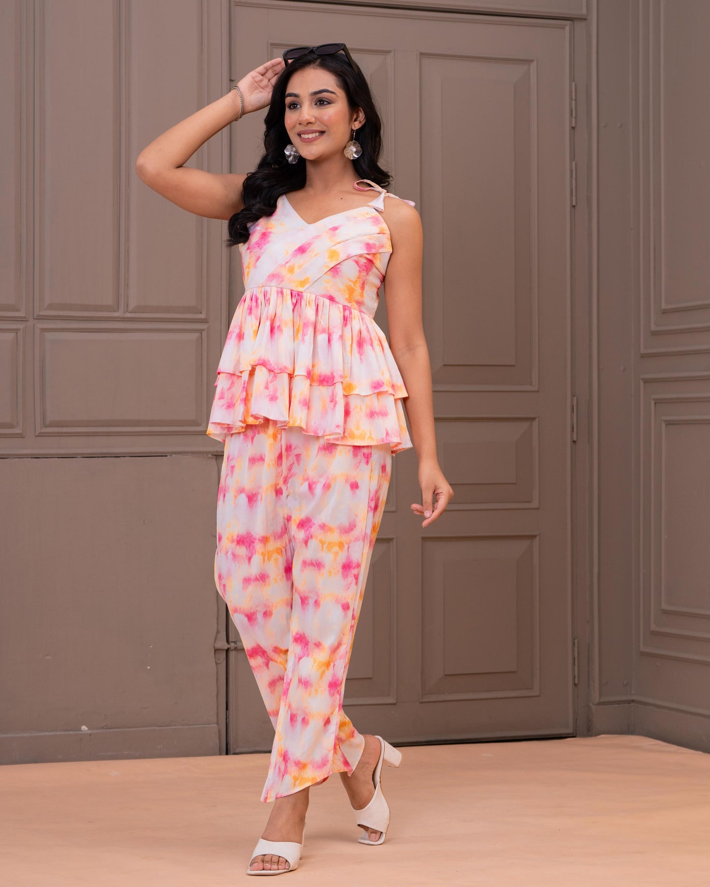 Tiered Peplum Coord Set in Soft Watercolor Print