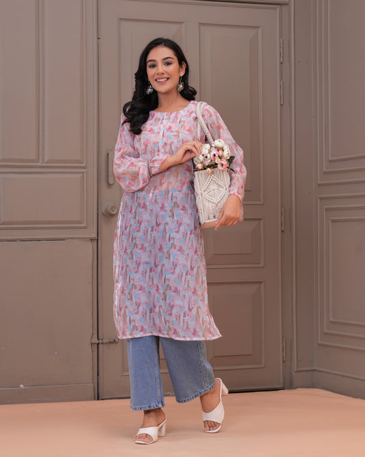 Elegant Pastel Printed Kurta with Denim Fusion
