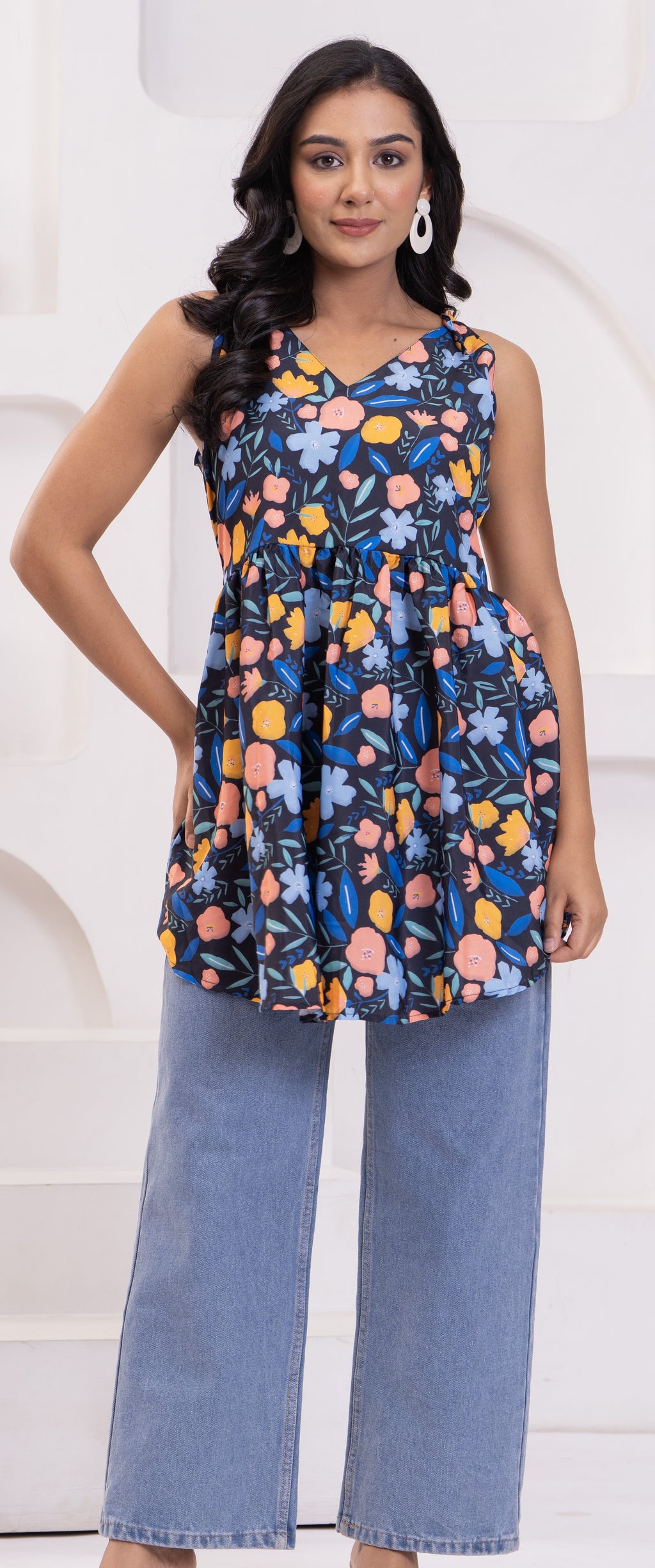 BLUE FLORAL PEPLUM TOP