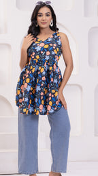 BLUE FLORAL PEPLUM TOP