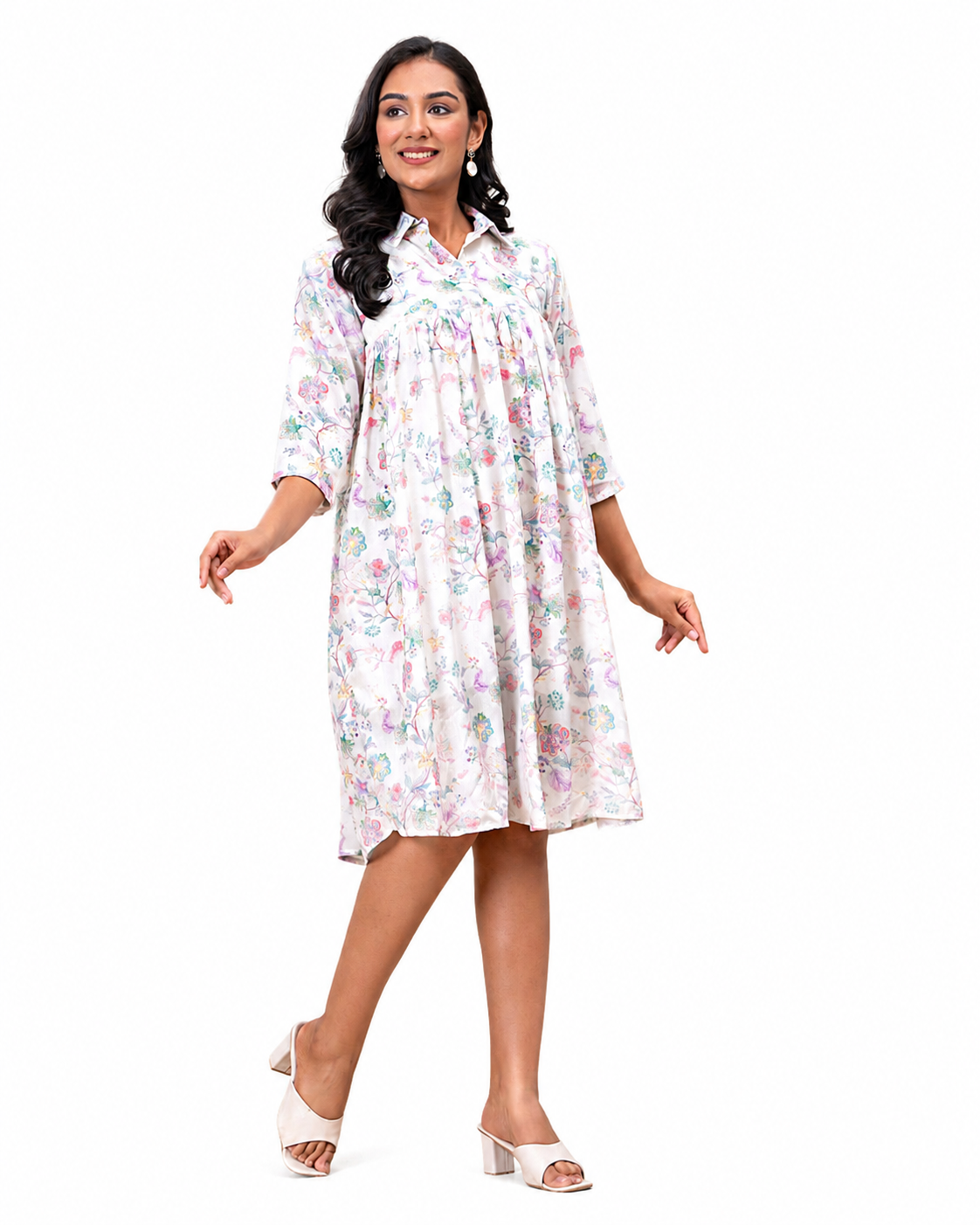 FLORAL PRINT SMOCK SHIRT DRESS