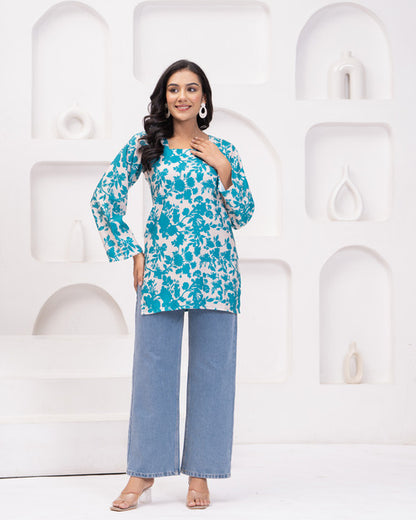Blue Floral Long Sleeve Short Kurti with Back Dori