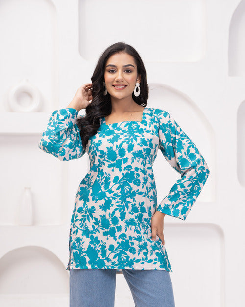 Blue Floral Long Sleeve Short Kurti with Back Dori
