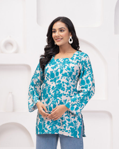 Blue Floral Long Sleeve Short Kurti with Back Dori