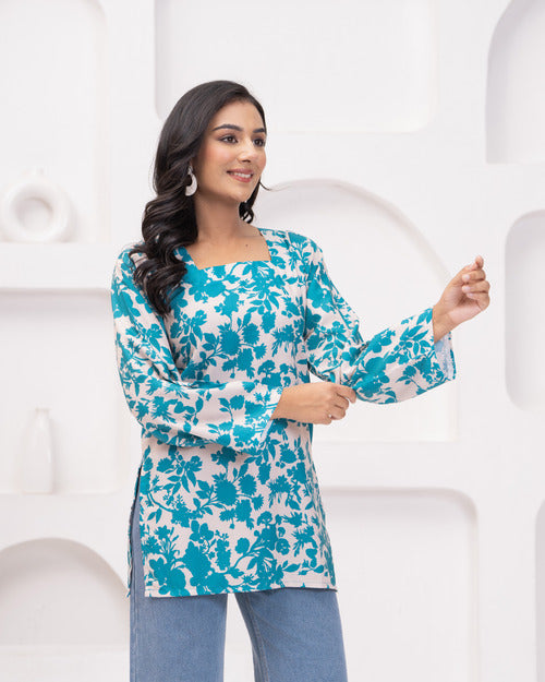Blue Floral Long Sleeve Short Kurti with Back Dori