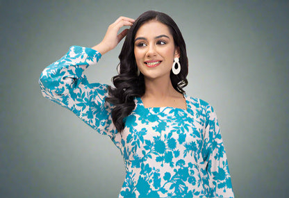 Blue Floral Long Sleeve Short Kurti with Back Dori