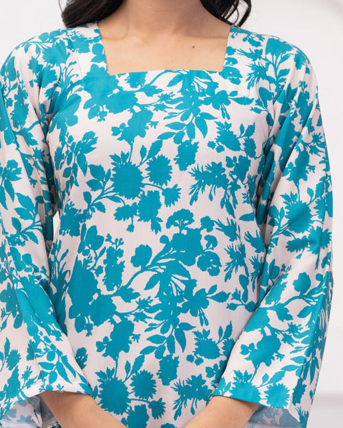 Blue Floral Long Sleeve Short Kurti with Back Dori