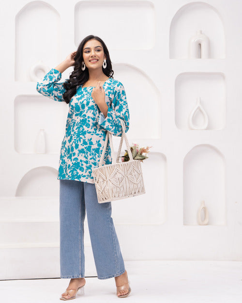 Blue Floral Long Sleeve Short Kurti with Back Dori