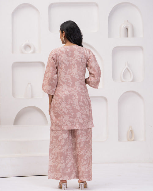 Pink Floral Long Sleeve Kurti with Palazzo Set