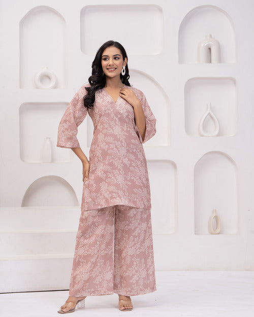 Pink Floral Long Sleeve Kurti with Palazzo Set