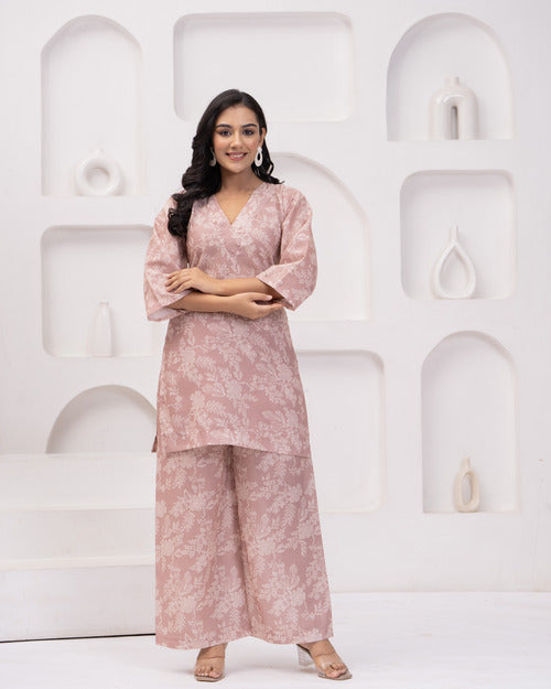 Pink Floral Long Sleeve Kurti with Palazzo Set