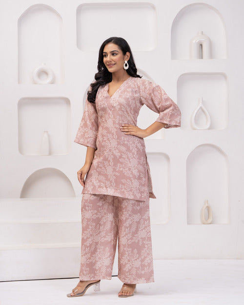 Pink Floral Long Sleeve Kurti with Palazzo Set
