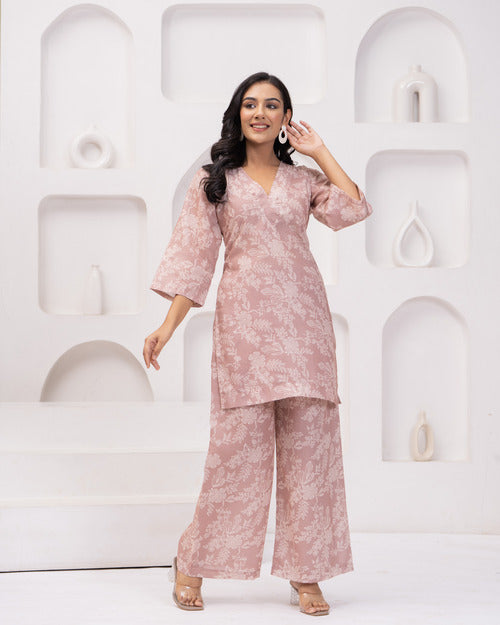 Pink Floral Long Sleeve Kurti with Palazzo Set