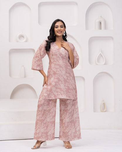 Pink Floral Long Sleeve Kurti with Palazzo Set
