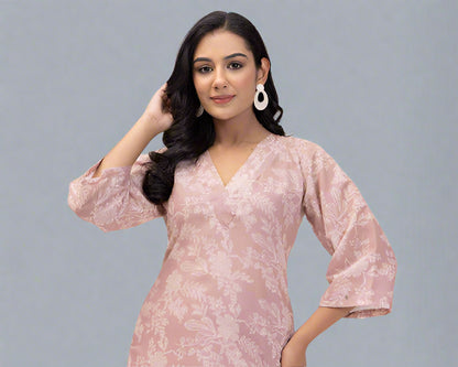 Pink Floral Long Sleeve Kurti with Palazzo Set