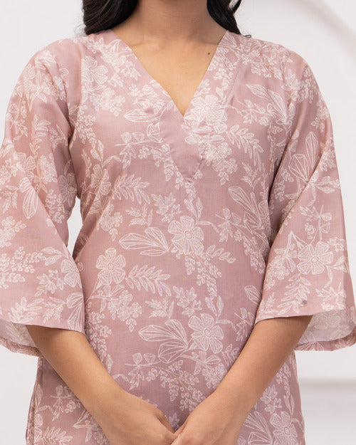 Pink Floral Long Sleeve Kurti with Palazzo Set