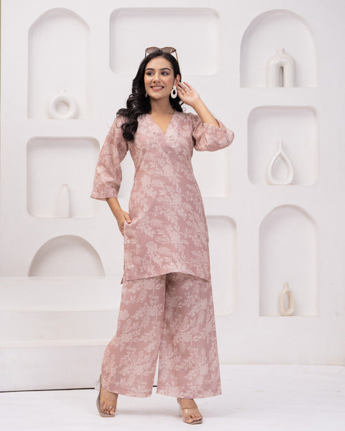 Pink Floral Long Sleeve Kurti with Palazzo Set