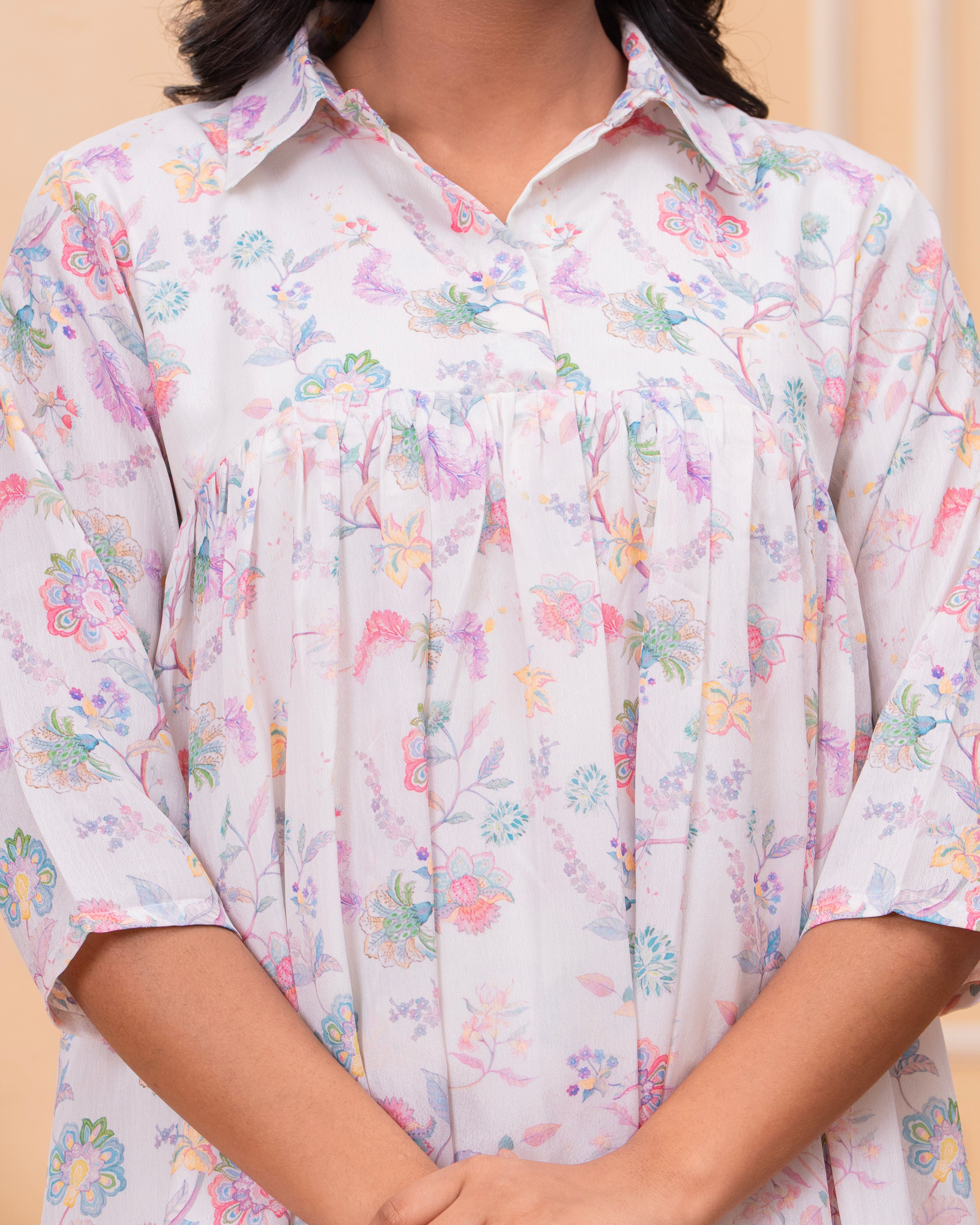 FLORAL PRINT SMOCK SHIRT DRESS