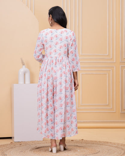 Women's White Floral Print Maxi Dress with Full Sleeves