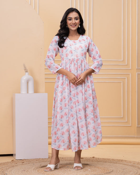 Women's White Floral Print Maxi Dress with Full Sleeves