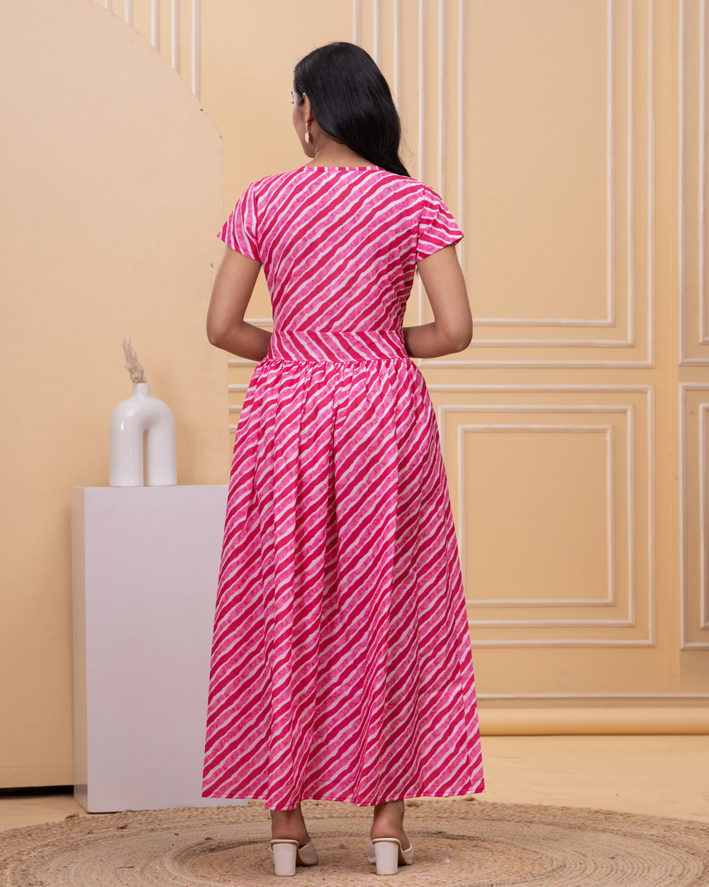 Women's Pink and White Diagonal Stripe Cotton Maxi Dress