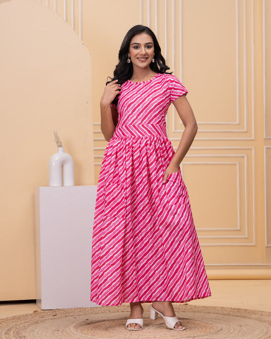 Women's Pink and White Diagonal Stripe Cotton Maxi Dress