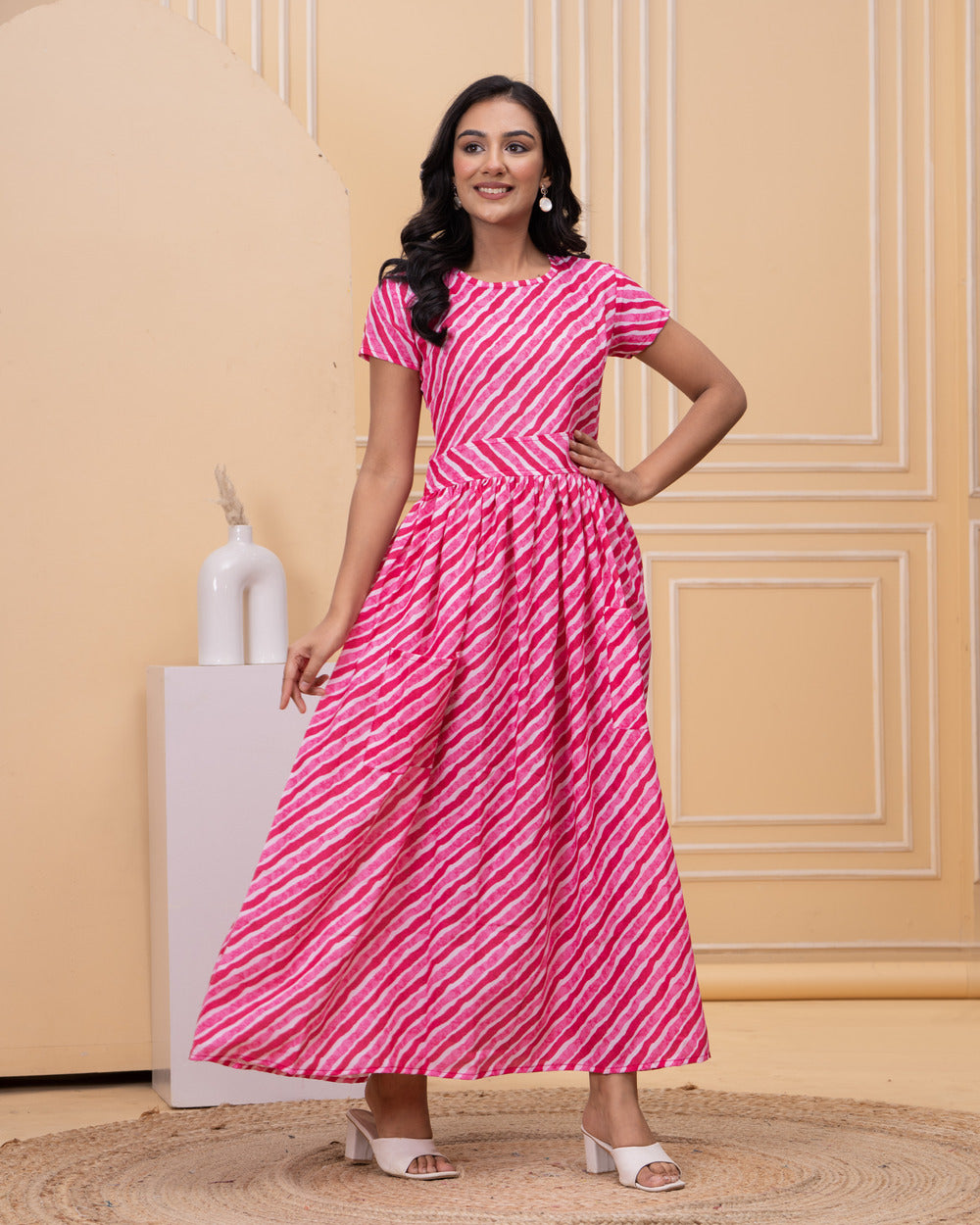 Women's Pink and White Diagonal Stripe Cotton Maxi Dress