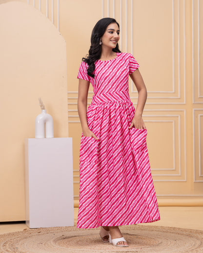 Women's Pink and White Diagonal Stripe Cotton Maxi Dress