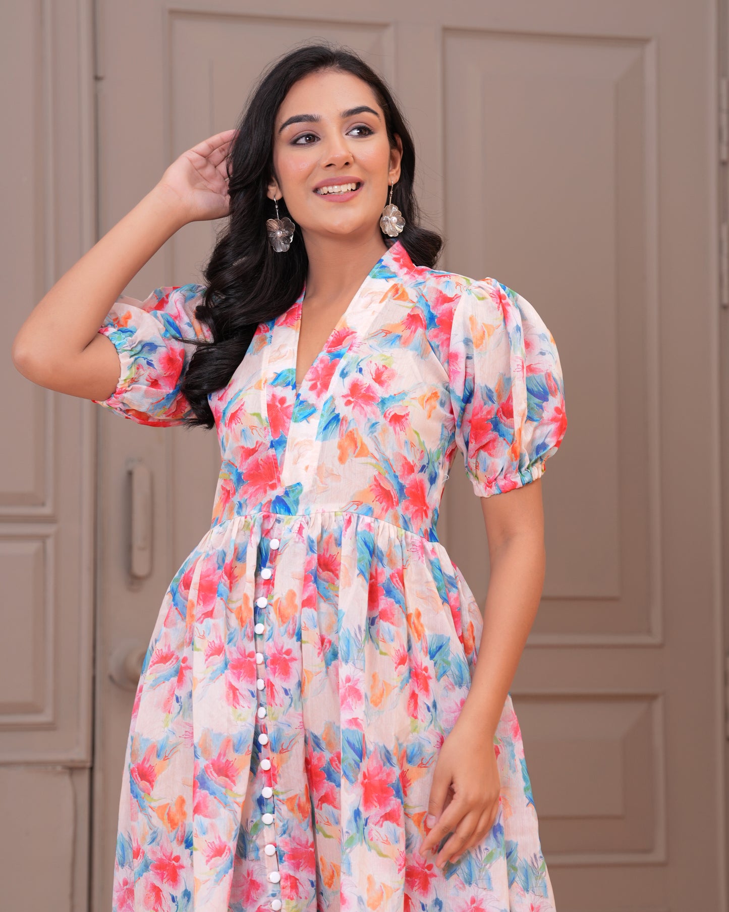 Elegant Multicolor Floral Printed Long Dress for Women – Puff Sleeve Maxi Dress