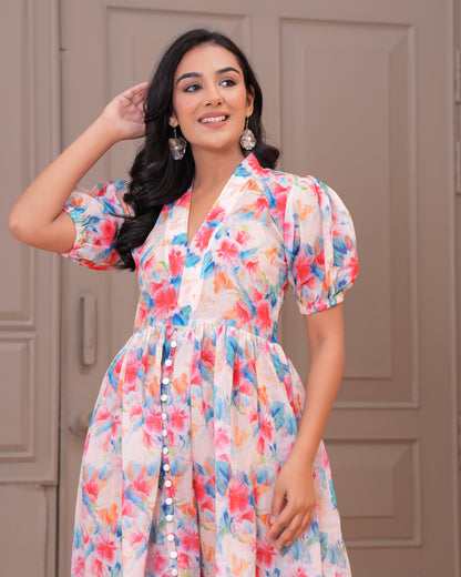 Elegant Multicolor Floral Printed Long Dress for Women – Puff Sleeve Maxi Dress