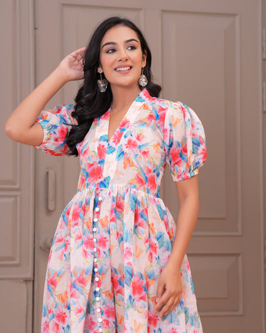 Elegant Multicolor Floral Printed Long Dress for Women – Puff Sleeve Maxi Dress