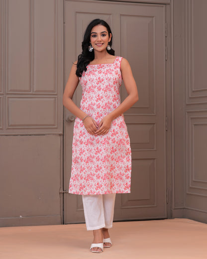 Elegant Pink Floral Printed Cotton Kurti with White Pants – Women's Ethnic Wear