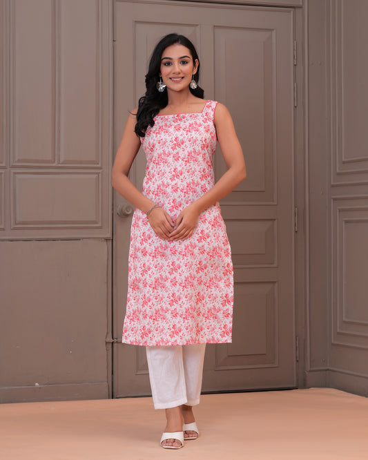 Elegant Pink Floral Printed Cotton Kurti with White Pants – Women's Ethnic Wear