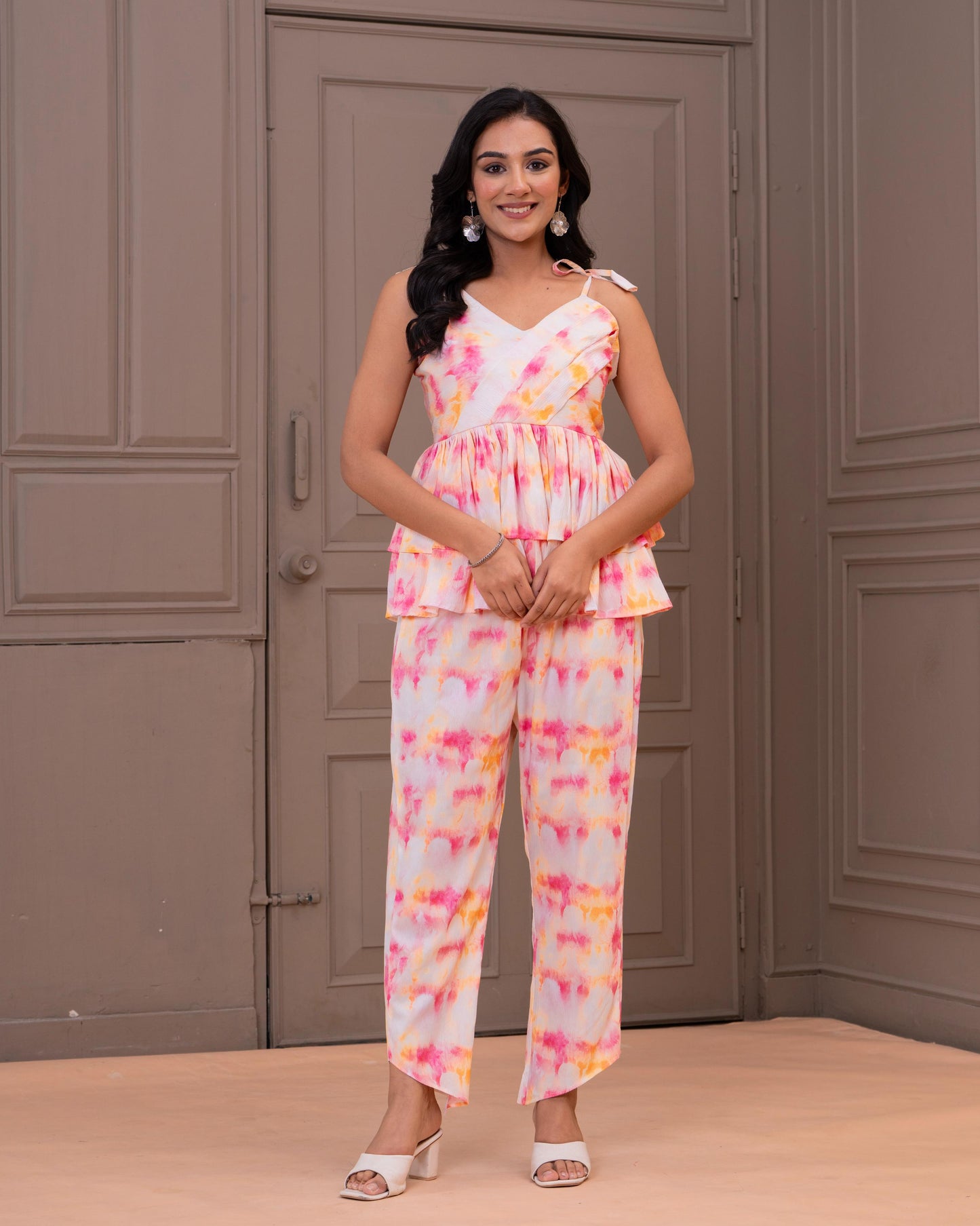 Tiered Peplum Coord Set in Soft Watercolor Print