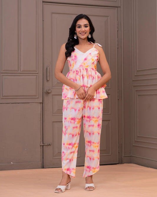 Tiered Peplum Coord Set in Soft Watercolor Print
