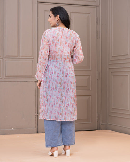 Elegant Pastel Printed Kurta with Denim Fusion
