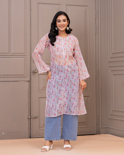 Elegant Pastel Printed Kurta with Denim Fusion