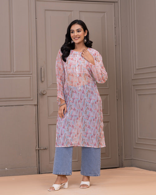 Elegant Pastel Printed Kurta with Denim Fusion